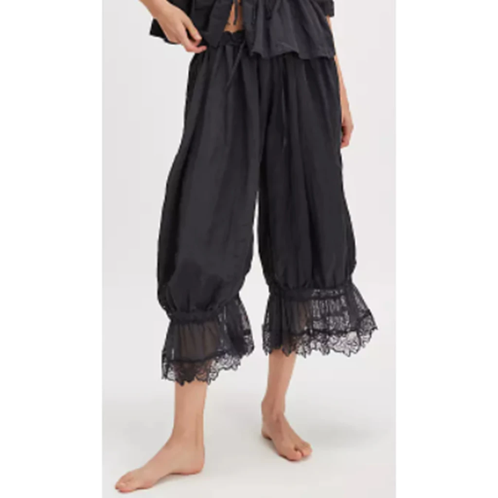 Combhasaki Women's Y2K Loose Fit Bloomers Cropped Pants Drawstring High Waist Floral Lace Patchwork Calf-Length Lantern Trousers