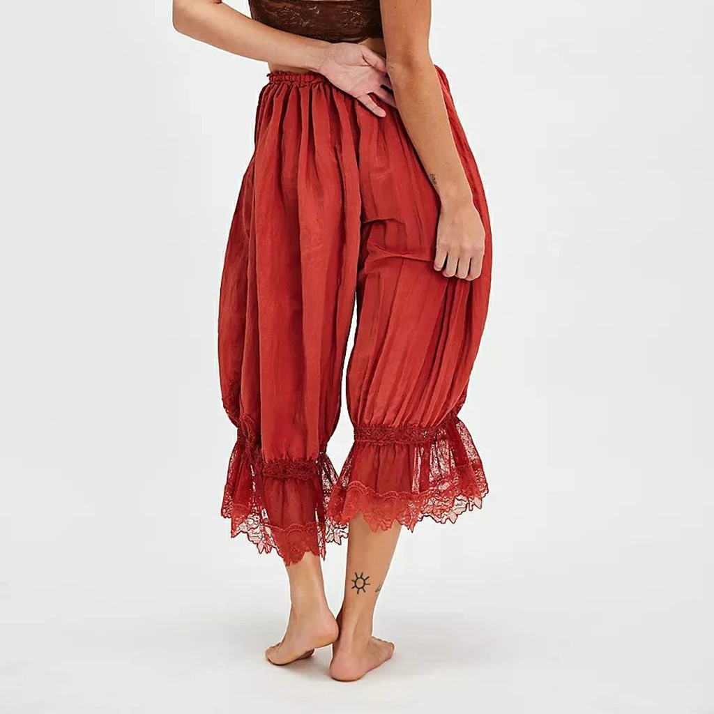Combhasaki Women's Y2K Loose Fit Bloomers Cropped Pants Drawstring High Waist Floral Lace Patchwork Calf-Length Lantern Trousers