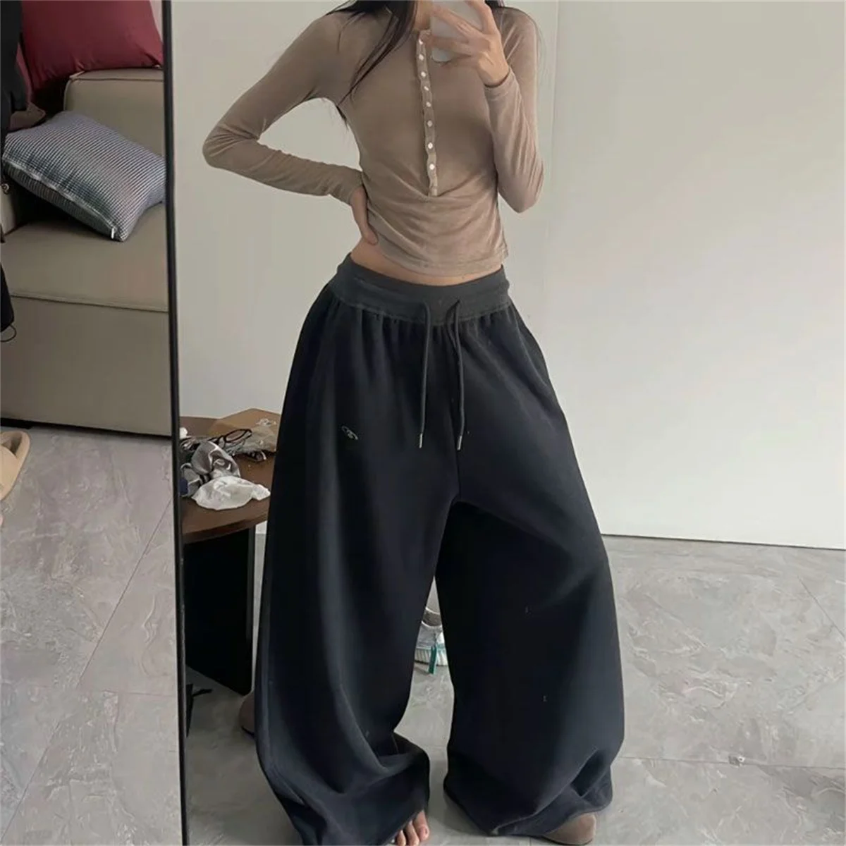Oversize Woman Grey Black Sweatpants Y2K Korean Streetwear Loose Casual Jogger Pants High Waist All Match Drawstring Trousers