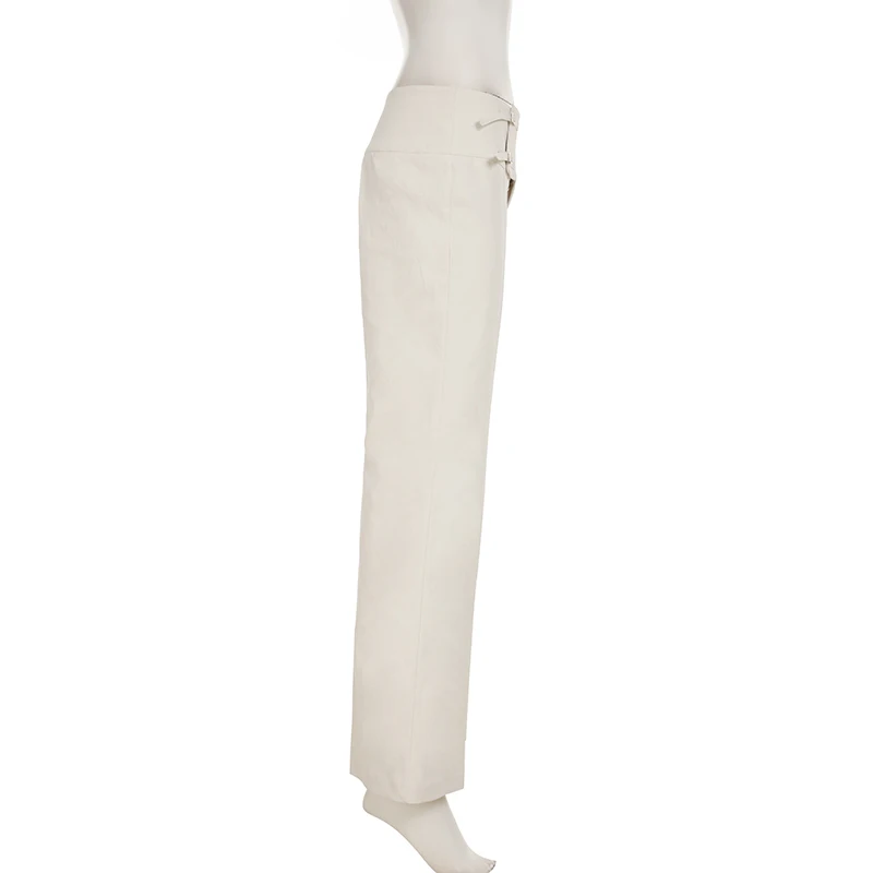 Vintage Y2K Korean Streetwear Pants Woman Low Rise Straight Loose Beige Trousers Button Up Basic 2000S Women Casual Pants