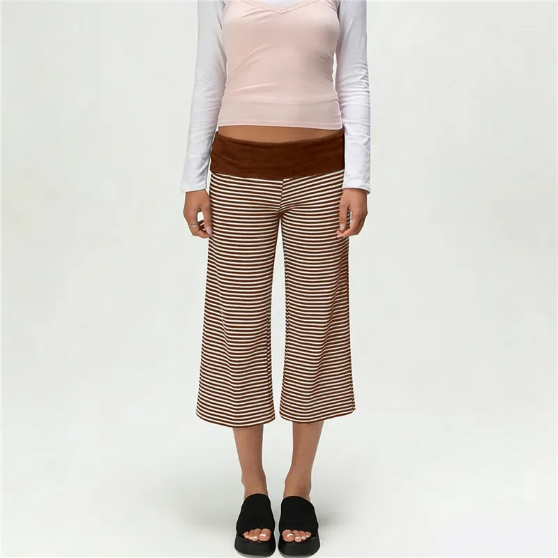 Women Fold Over Waist Gaucho Pants Low Rise Cropped Wide Leg Capri Pants Summer Foldover Culottes Yoga Pants Pajama Bottoms