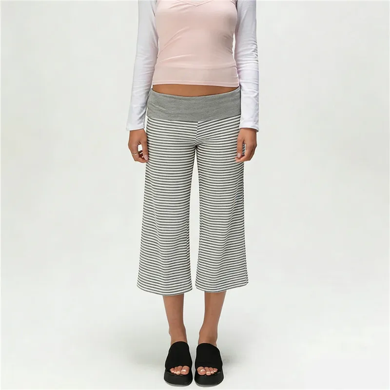 Women Fold Over Waist Gaucho Pants Low Rise Cropped Wide Leg Capri Pants Summer Foldover Culottes Yoga Pants Pajama Bottoms