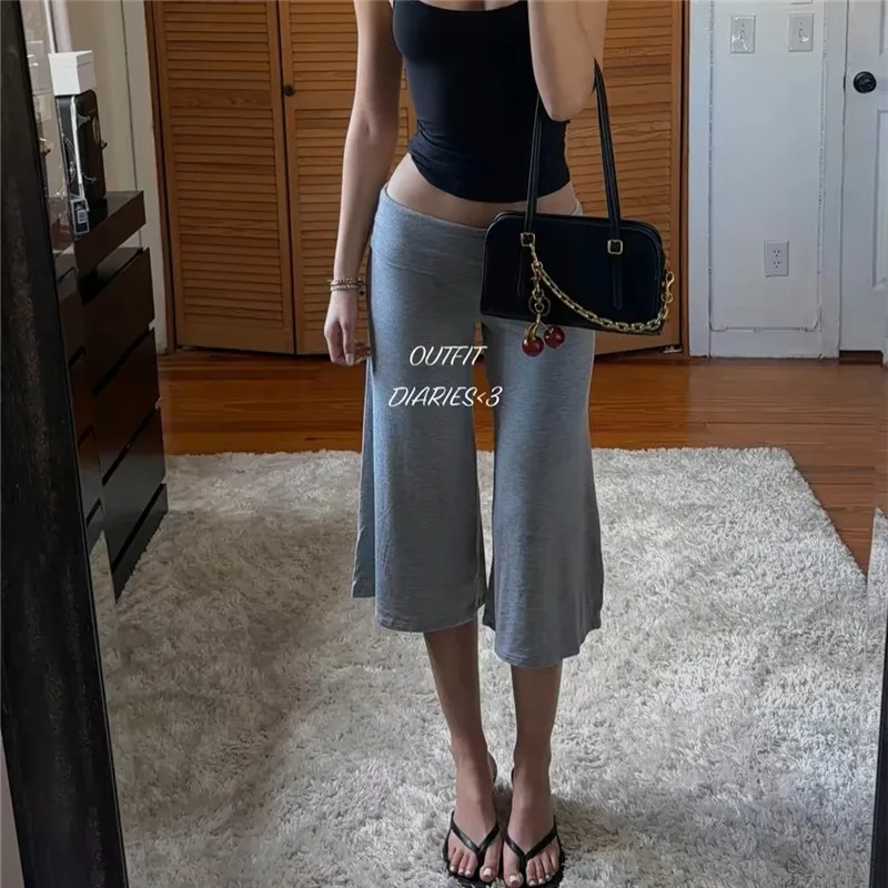 Women Fold Over Waist Gaucho Pants Low Rise Cropped Wide Leg Capri Pants Summer Foldover Culottes Yoga Pants Pajama Bottoms