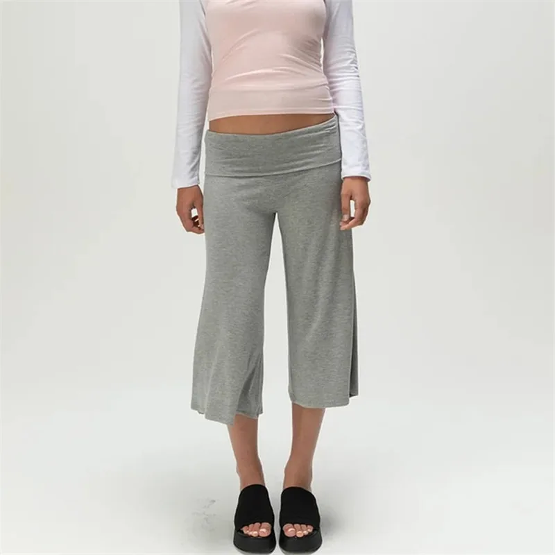 Women Fold Over Waist Gaucho Pants Low Rise Cropped Wide Leg Capri Pants Summer Foldover Culottes Yoga Pants Pajama Bottoms