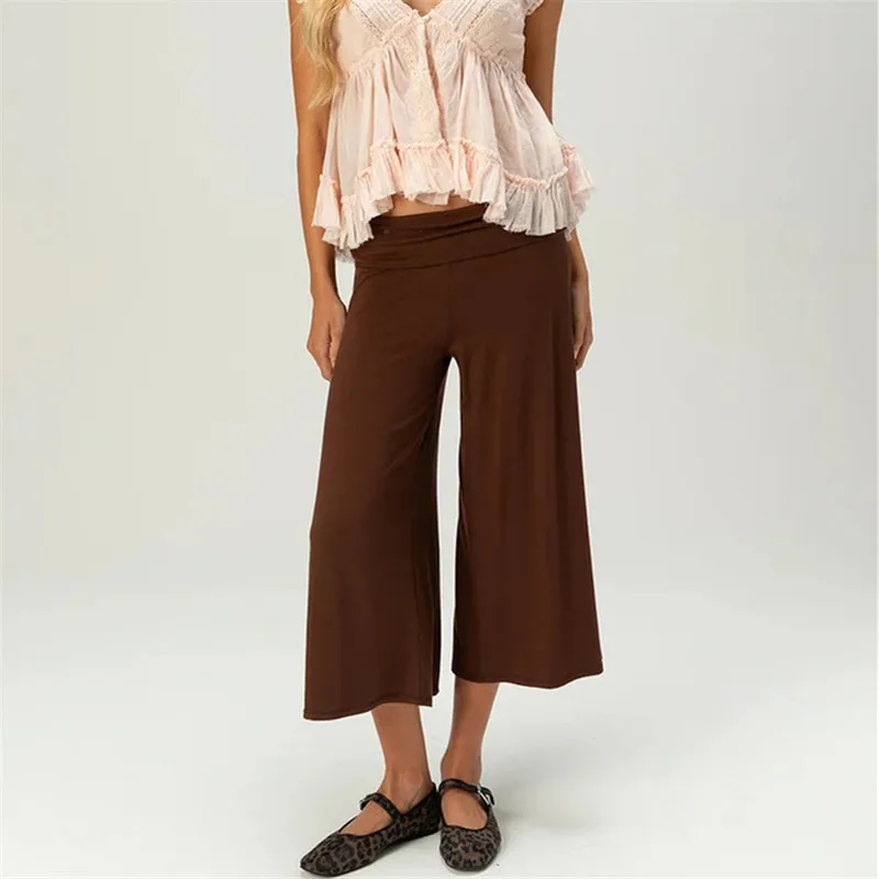 Women Fold Over Waist Gaucho Pants Low Rise Cropped Wide Leg Capri Pants Summer Foldover Culottes Yoga Pants Pajama Bottoms