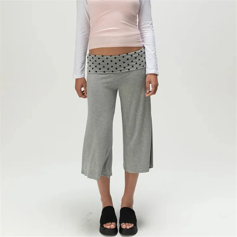 Women Fold Over Waist Gaucho Pants Low Rise Cropped Wide Leg Capri Pants Summer Foldover Culottes Yoga Pants Pajama Bottoms