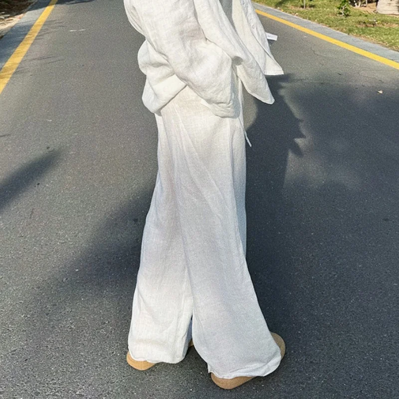 Elegant Cotton Linen Baggy Pants Fashion Women High Waist Drawstring Pocket Loose Wide Leg Pant Casual Streetwear New Trousers