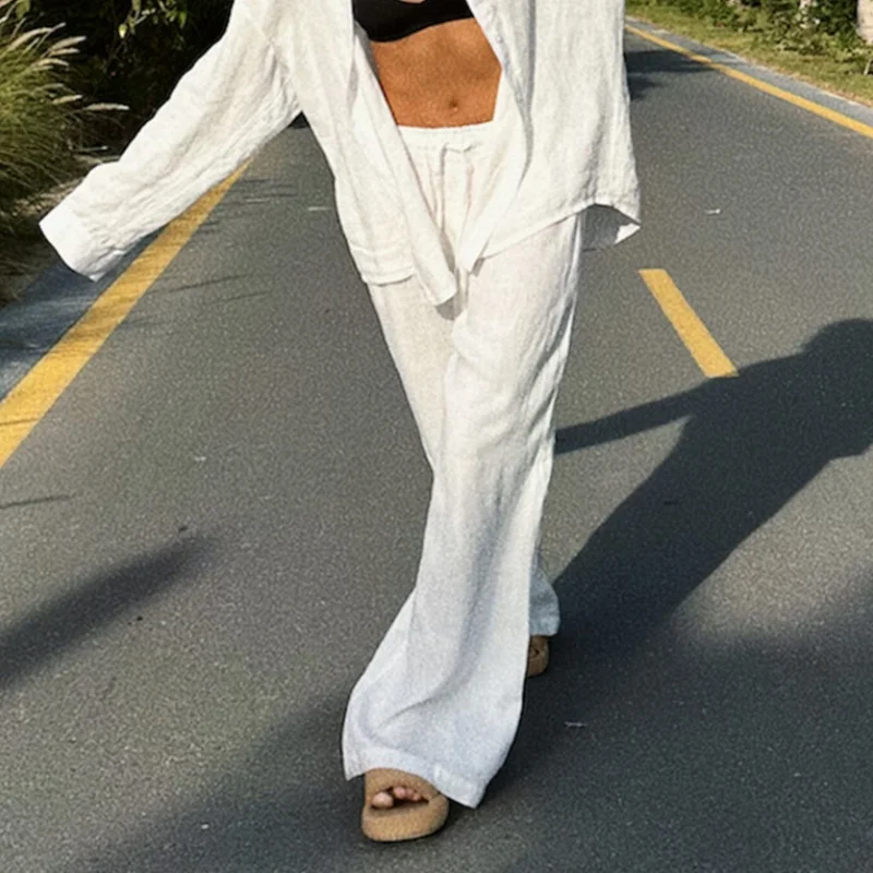 Elegant Cotton Linen Baggy Pants Fashion Women High Waist Drawstring Pocket Loose Wide Leg Pant Casual Streetwear New Trousers