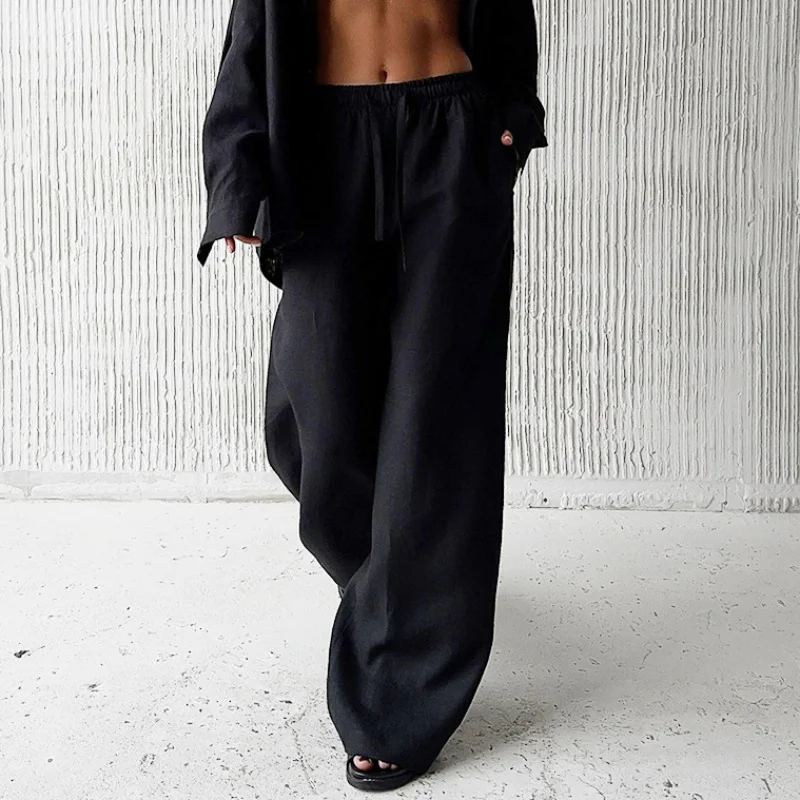 Elegant Cotton Linen Baggy Pants Fashion Women High Waist Drawstring Pocket Loose Wide Leg Pant Casual Streetwear New Trousers
