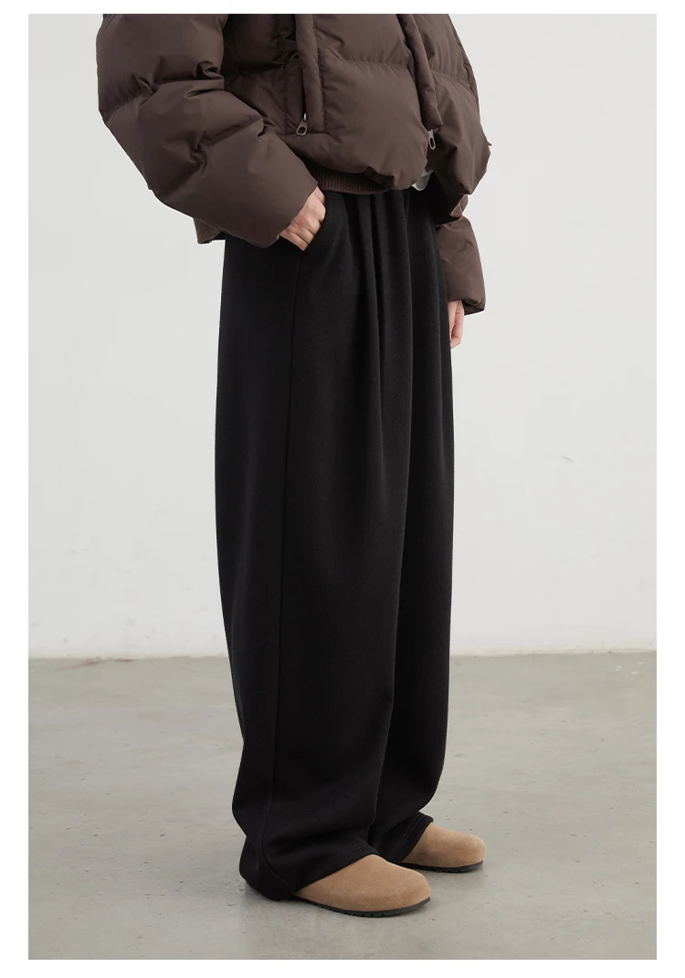 CHIC VEN Women Pants New High Waisted Pleated Casual Soft Wide Leg Pant Female Thicken Trousers Sport Solid Plush Winter 2024