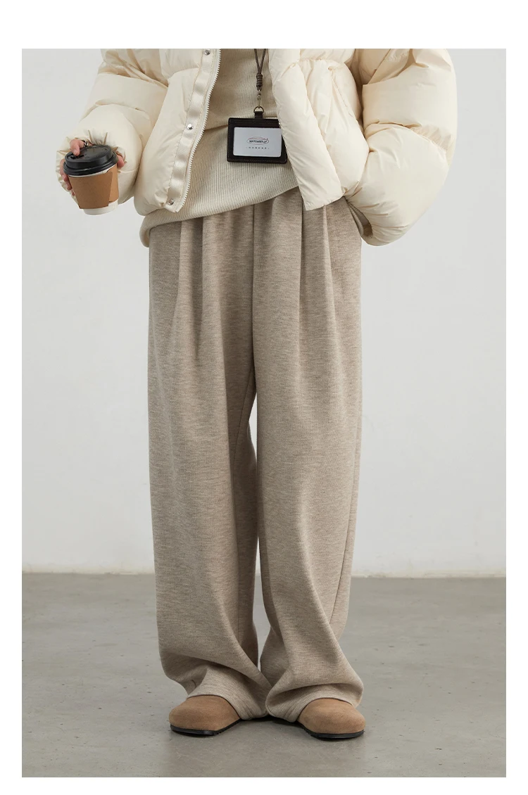CHIC VEN Women Pants New High Waisted Pleated Casual Soft Wide Leg Pant Female Thicken Trousers Sport Solid Plush Winter 2024