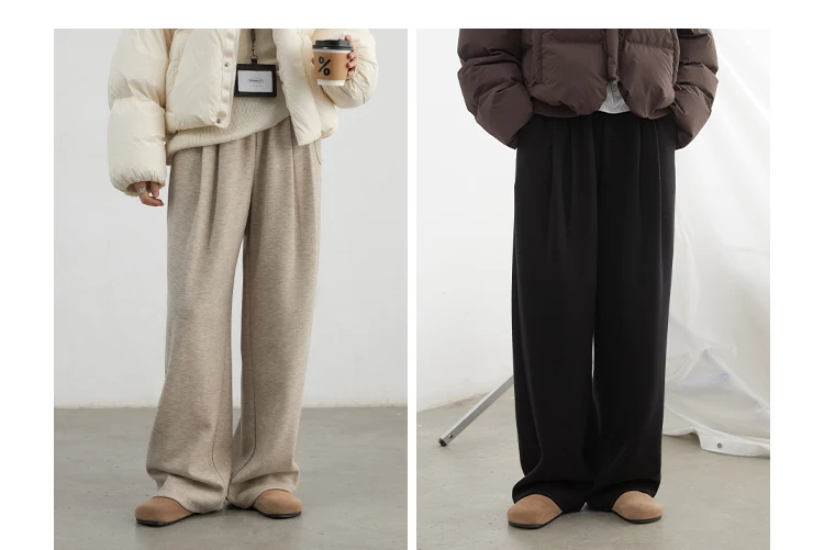 CHIC VEN Women Pants New High Waisted Pleated Casual Soft Wide Leg Pant Female Thicken Trousers Sport Solid Plush Winter 2024