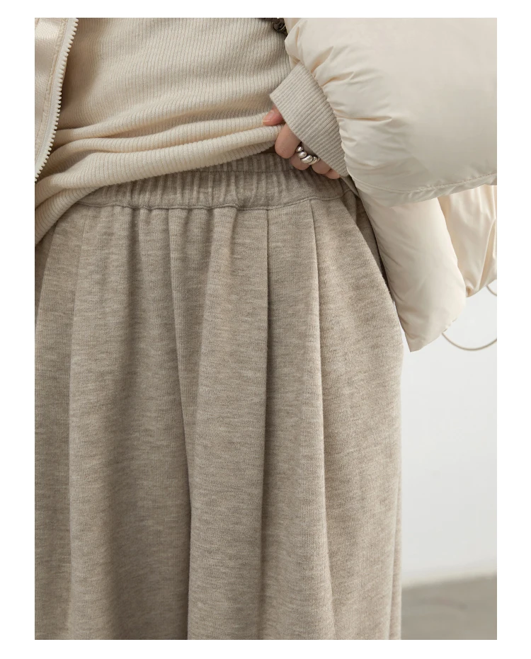 CHIC VEN Women Pants New High Waisted Pleated Casual Soft Wide Leg Pant Female Thicken Trousers Sport Solid Plush Winter 2024