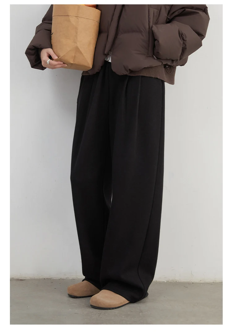 CHIC VEN Women Pants New High Waisted Pleated Casual Soft Wide Leg Pant Female Thicken Trousers Sport Solid Plush Winter 2024