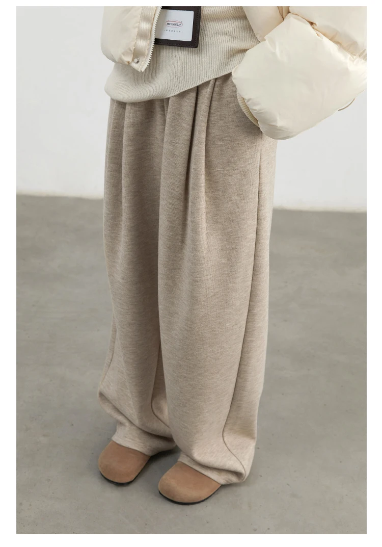 CHIC VEN Women Pants New High Waisted Pleated Casual Soft Wide Leg Pant Female Thicken Trousers Sport Solid Plush Winter 2024
