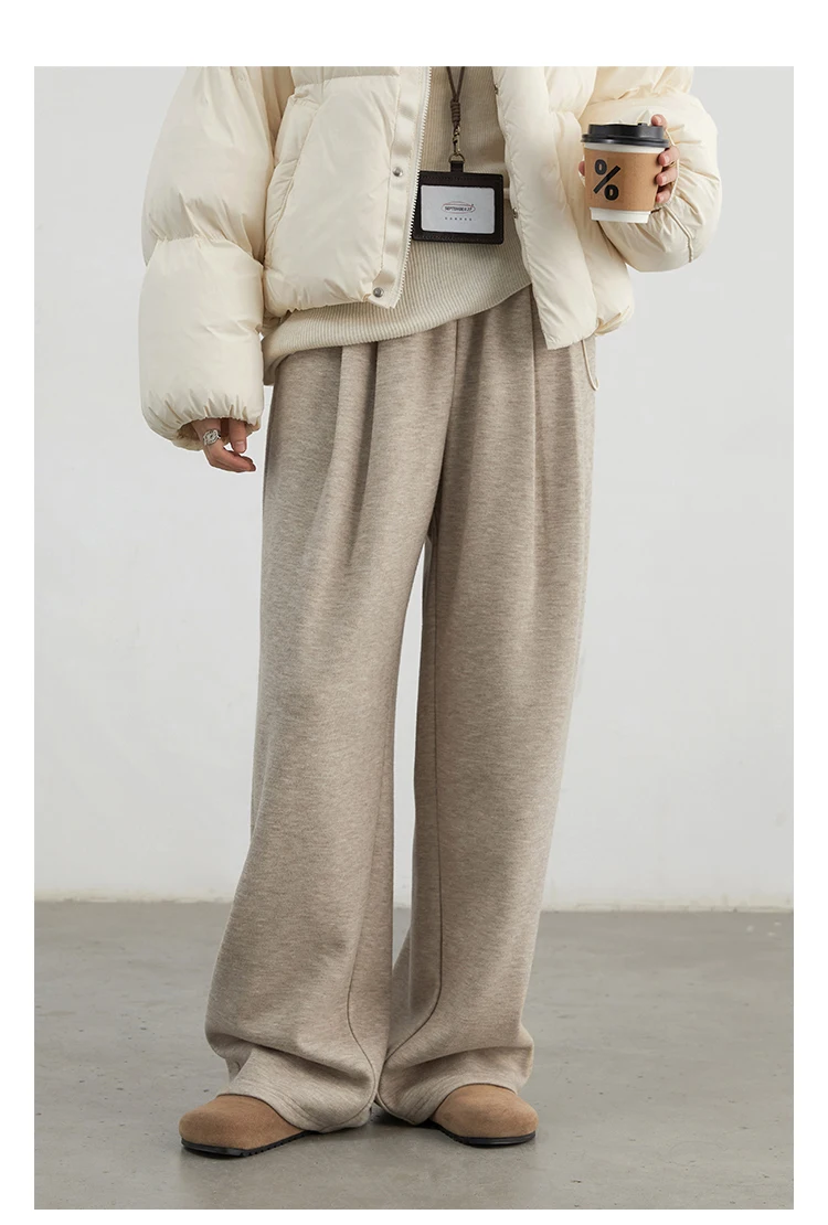 CHIC VEN Women Pants New High Waisted Pleated Casual Soft Wide Leg Pant Female Thicken Trousers Sport Solid Plush Winter 2024