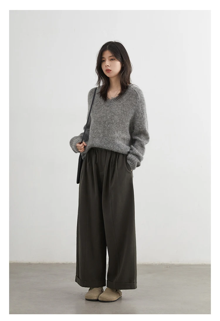 CHIC VEN Women Pants High Waist Loose Solid Wide Leg Casual Female Trousers Elastic Waist Folding Pants Autumn Winter 2025