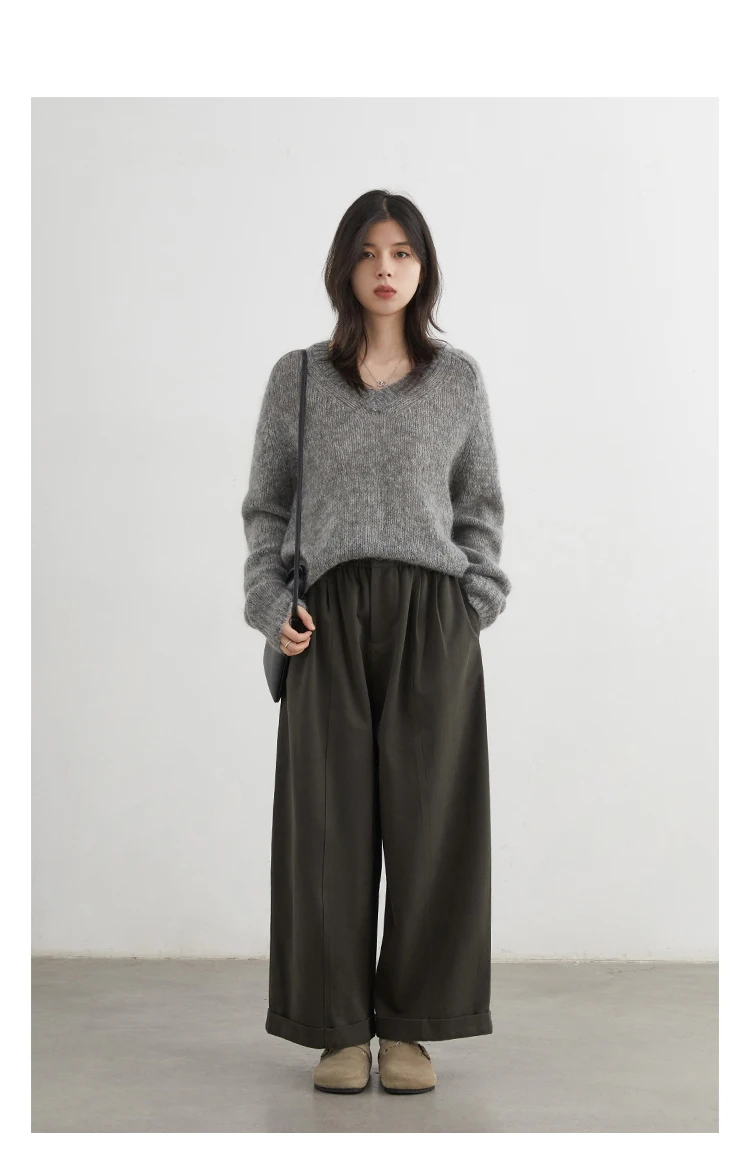 CHIC VEN Women Pants High Waist Loose Solid Wide Leg Casual Female Trousers Elastic Waist Folding Pants Autumn Winter 2025