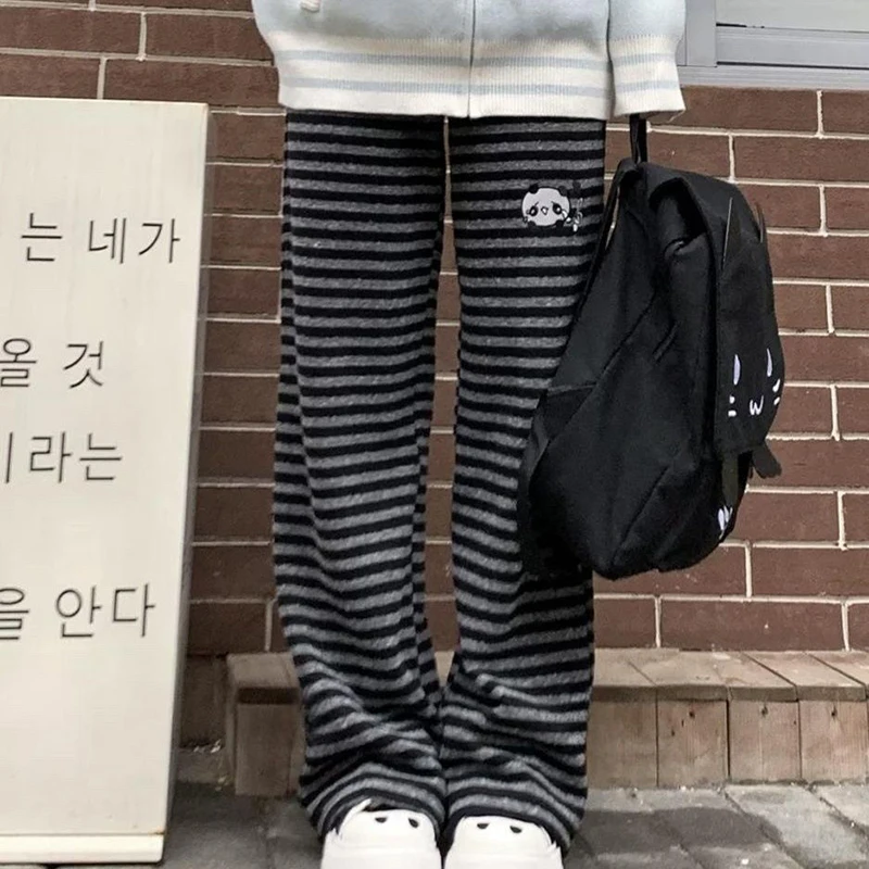Harajuku Cartoon Embroidery Pants Women Kawaii Striped Loose Casual Korean Trouser Y2K Subculture Vintage Female Wide Leg Pants