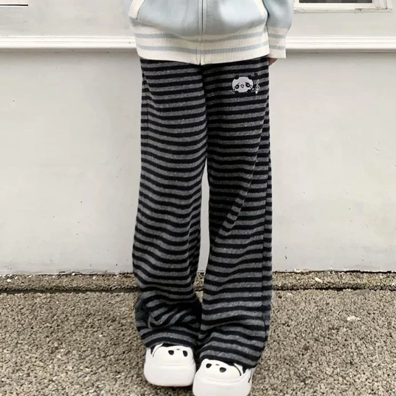 Harajuku Cartoon Embroidery Pants Women Kawaii Striped Loose Casual Korean Trouser Y2K Subculture Vintage Female Wide Leg Pants