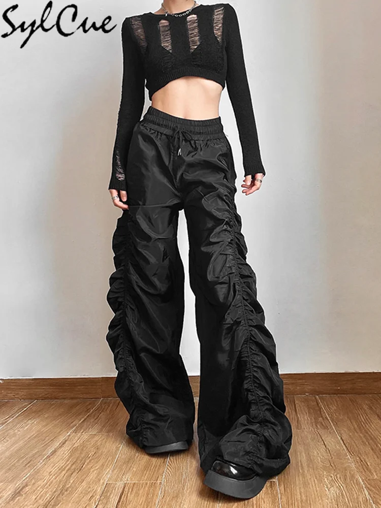 Sylcue Fashion Trend Personalized Self-Confidence Avant-Garde Cool All-Match Casual Loose Girl High Waist Wide Leg Lantern Pants
