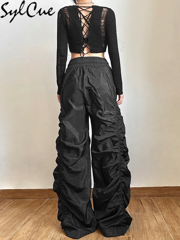 Sylcue Fashion Trend Personalized Self-Confidence Avant-Garde Cool All-Match Casual Loose Girl High Waist Wide Leg Lantern Pants