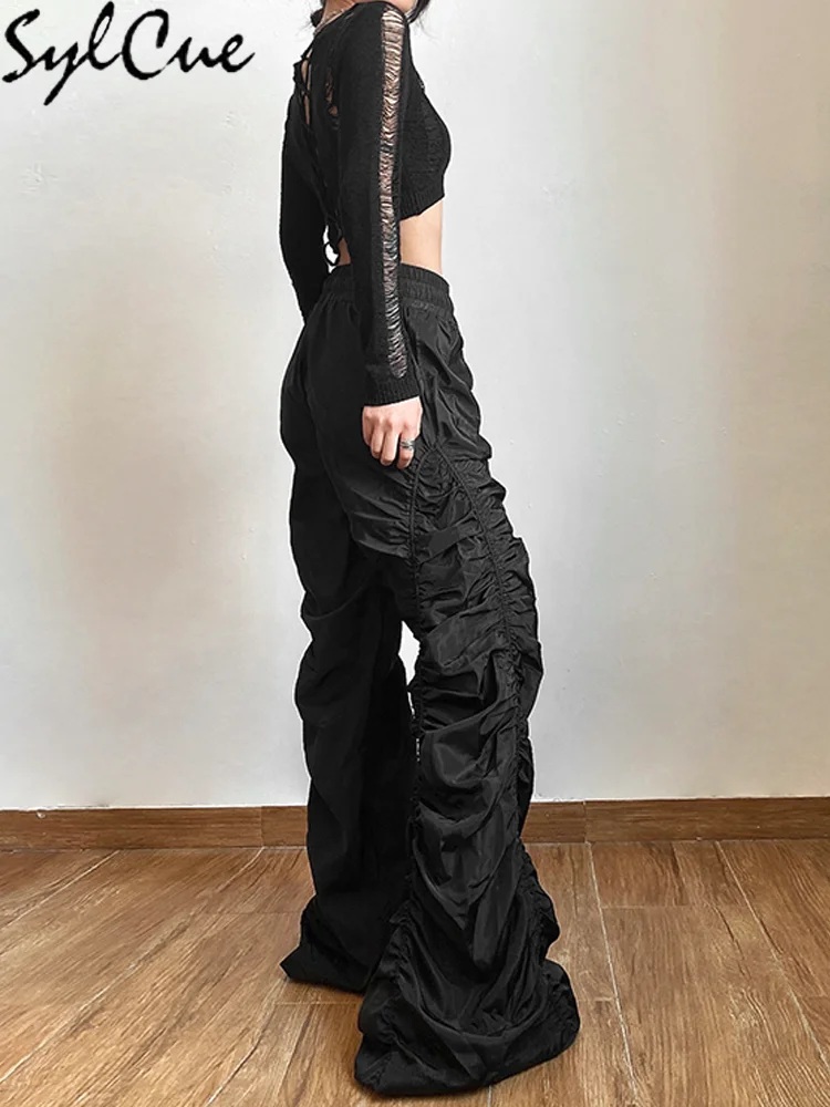 Sylcue Fashion Trend Personalized Self-Confidence Avant-Garde Cool All-Match Casual Loose Girl High Waist Wide Leg Lantern Pants