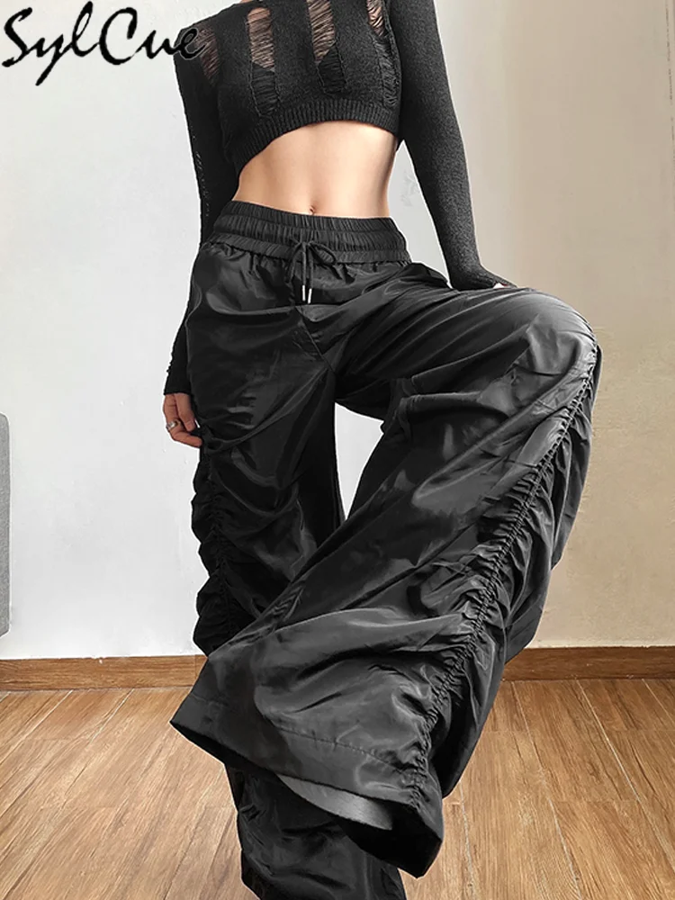 Sylcue Fashion Trend Personalized Self-Confidence Avant-Garde Cool All-Match Casual Loose Girl High Waist Wide Leg Lantern Pants