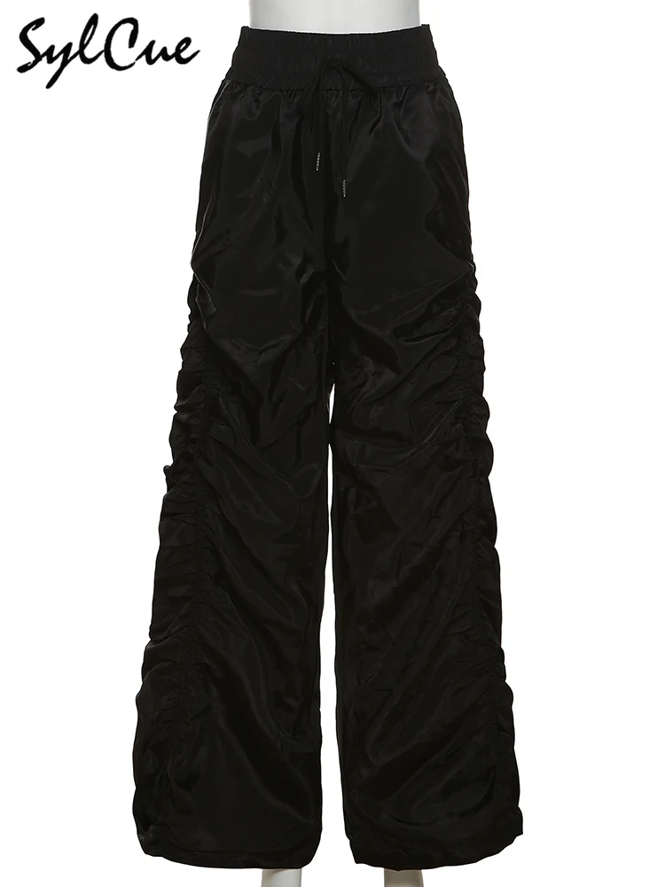 Sylcue Fashion Trend Personalized Self-Confidence Avant-Garde Cool All-Match Casual Loose Girl High Waist Wide Leg Lantern Pants