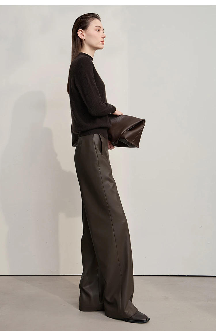 AMII Pants For Woman 2026 Winter New Minimalist Commuter PU Leather Loose Wide-leg Pants Casual Office Lady Trousers 12524063