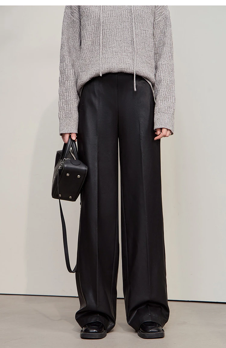 AMII Pants For Woman 2026 Winter New Minimalist Commuter PU Leather Loose Wide-leg Pants Casual Office Lady Trousers 12524063