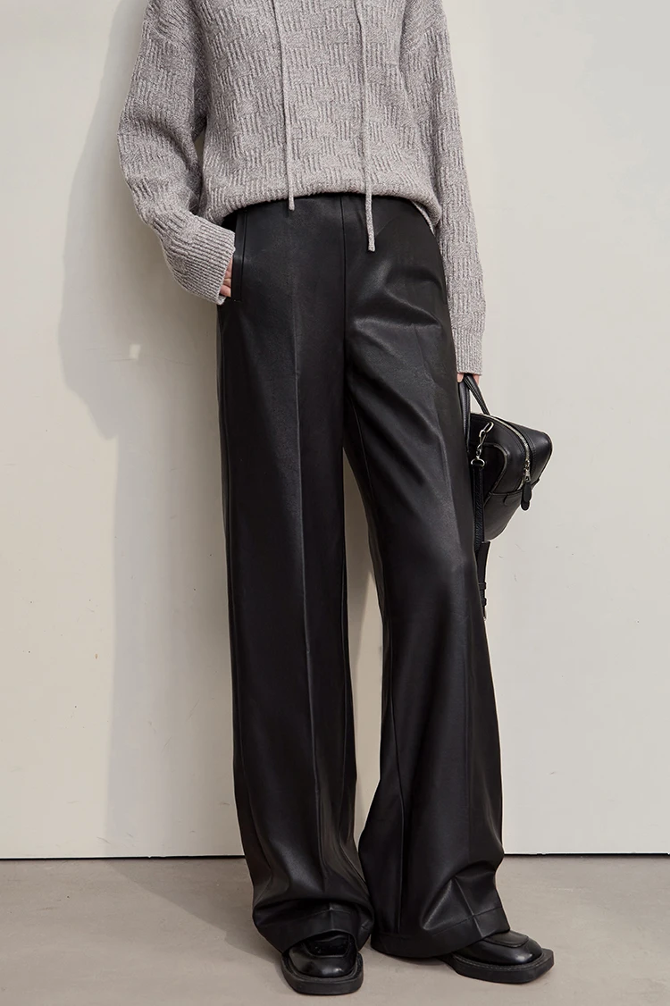 AMII Pants For Woman 2026 Winter New Minimalist Commuter PU Leather Loose Wide-leg Pants Casual Office Lady Trousers 12524063