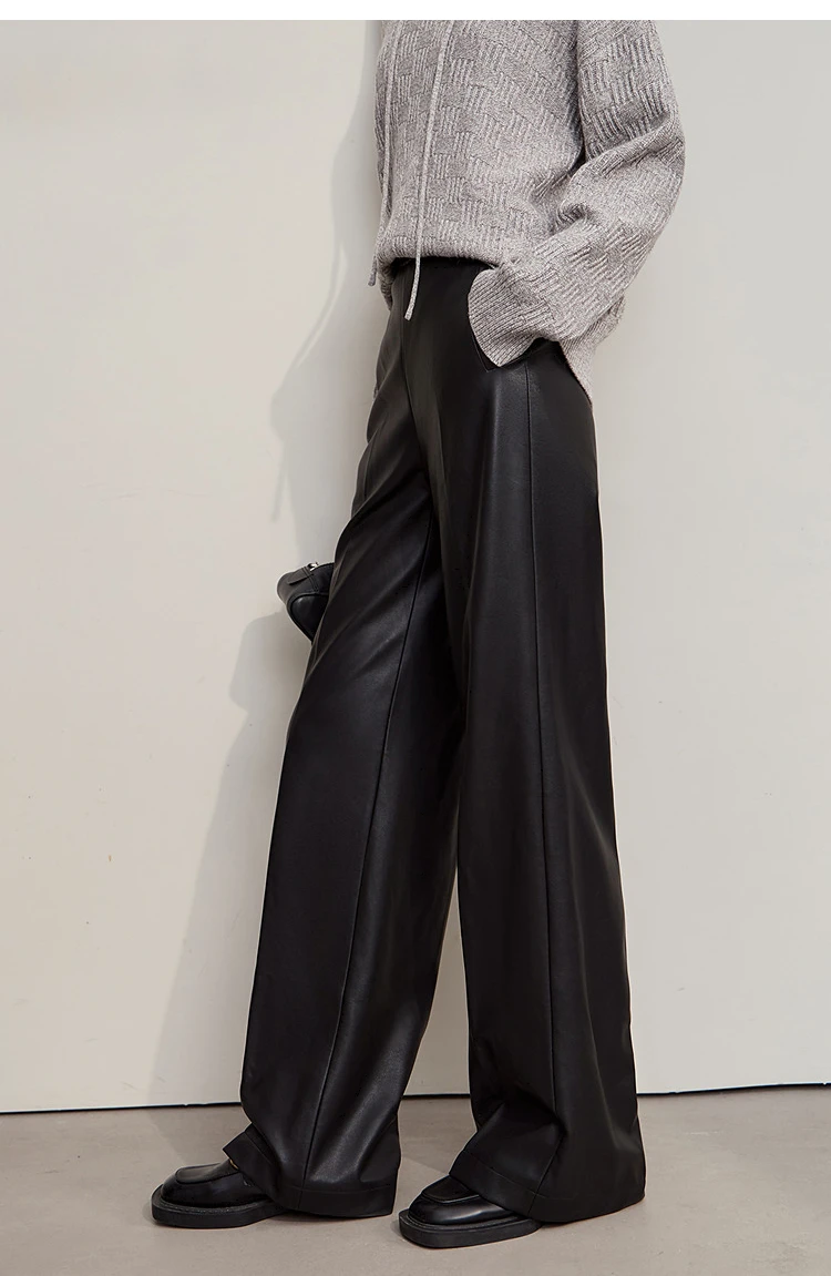 AMII Pants For Woman 2026 Winter New Minimalist Commuter PU Leather Loose Wide-leg Pants Casual Office Lady Trousers 12524063