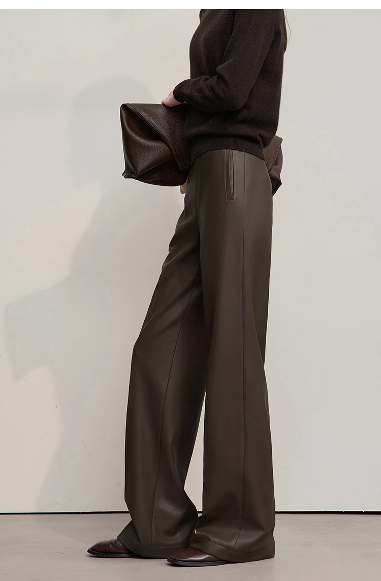 AMII Pants For Woman 2026 Winter New Minimalist Commuter PU Leather Loose Wide-leg Pants Casual Office Lady Trousers 12524063