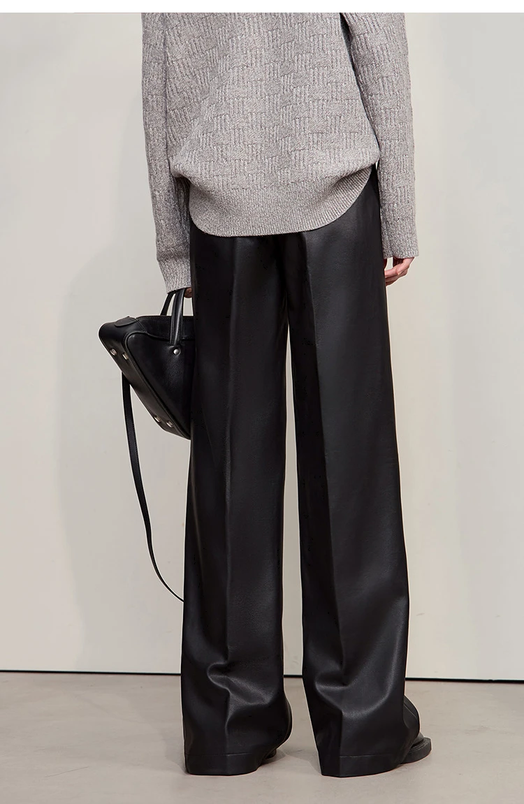 AMII Pants For Woman 2026 Winter New Minimalist Commuter PU Leather Loose Wide-leg Pants Casual Office Lady Trousers 12524063