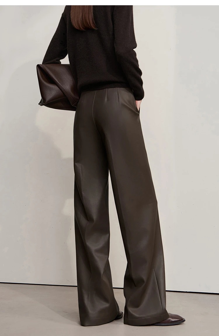 AMII Pants For Woman 2026 Winter New Minimalist Commuter PU Leather Loose Wide-leg Pants Casual Office Lady Trousers 12524063