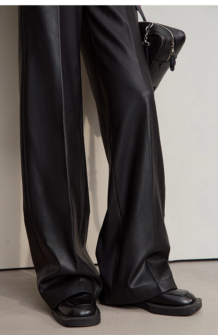 AMII Pants For Woman 2026 Winter New Minimalist Commuter PU Leather Loose Wide-leg Pants Casual Office Lady Trousers 12524063