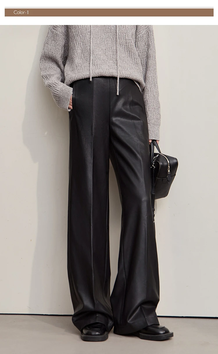 AMII Pants For Woman 2026 Winter New Minimalist Commuter PU Leather Loose Wide-leg Pants Casual Office Lady Trousers 12524063