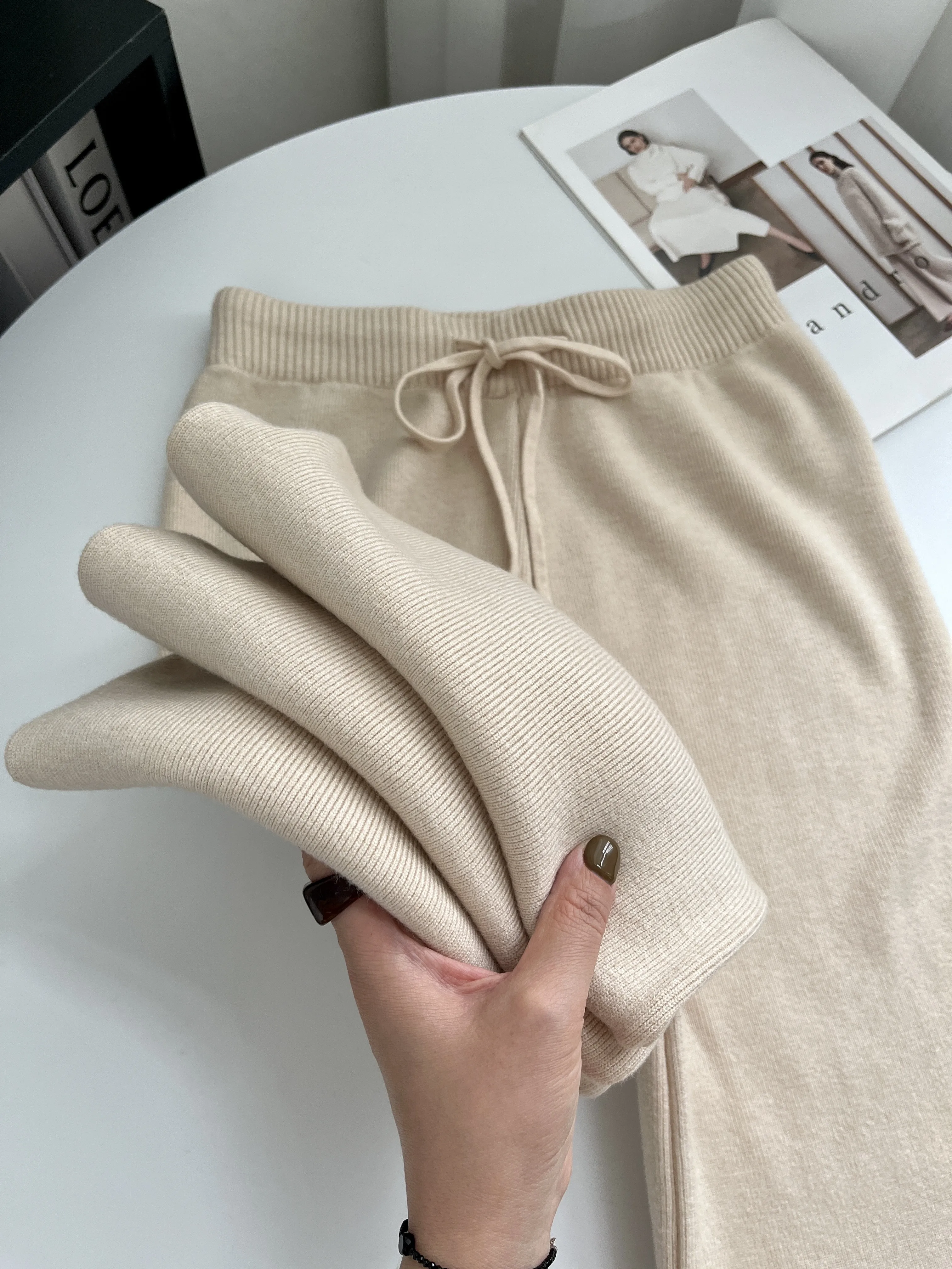 Cashmere Knitted Wide-leg Pants Women's High Waist Drape Loose Autumn and Winter Thickened Floor-mopping Trousers Outer Wear