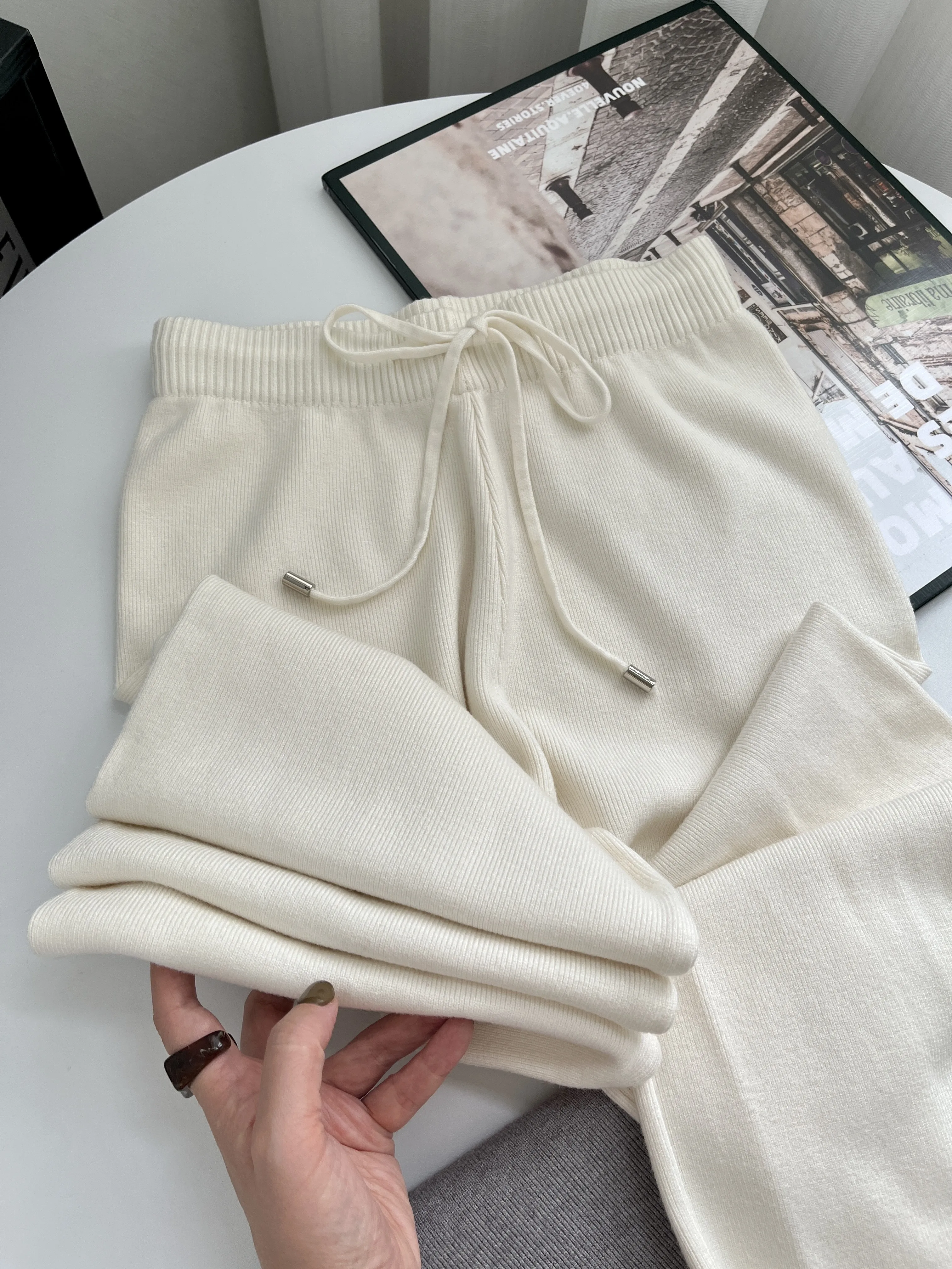 Cashmere Knitted Wide-leg Pants Women's High Waist Drape Loose Autumn and Winter Thickened Floor-mopping Trousers Outer Wear