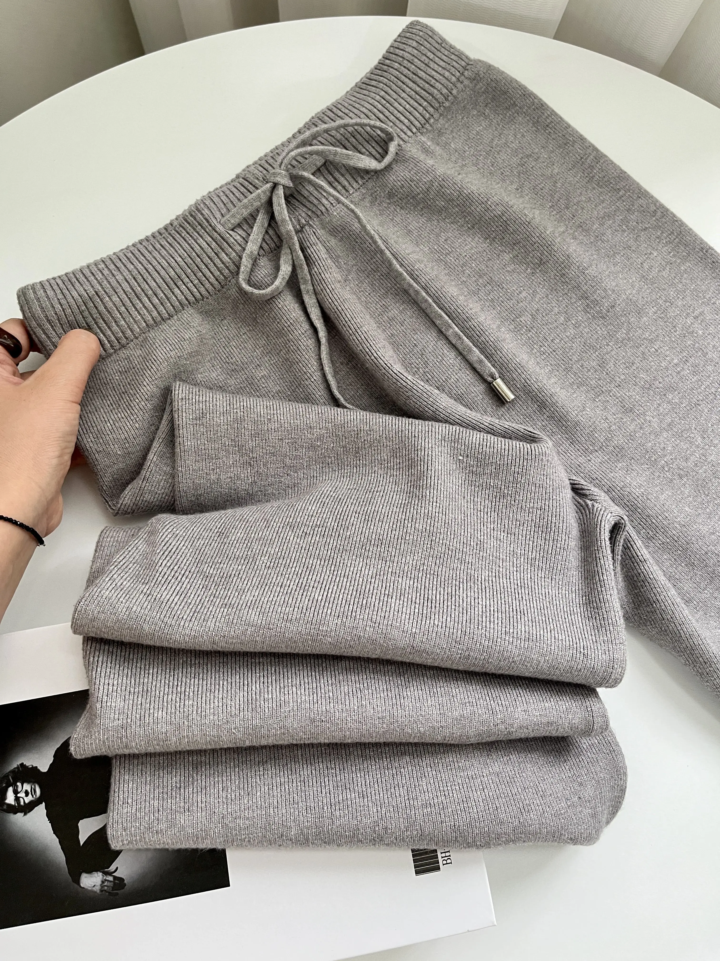 Cashmere Knitted Wide-leg Pants Women's High Waist Drape Loose Autumn and Winter Thickened Floor-mopping Trousers Outer Wear