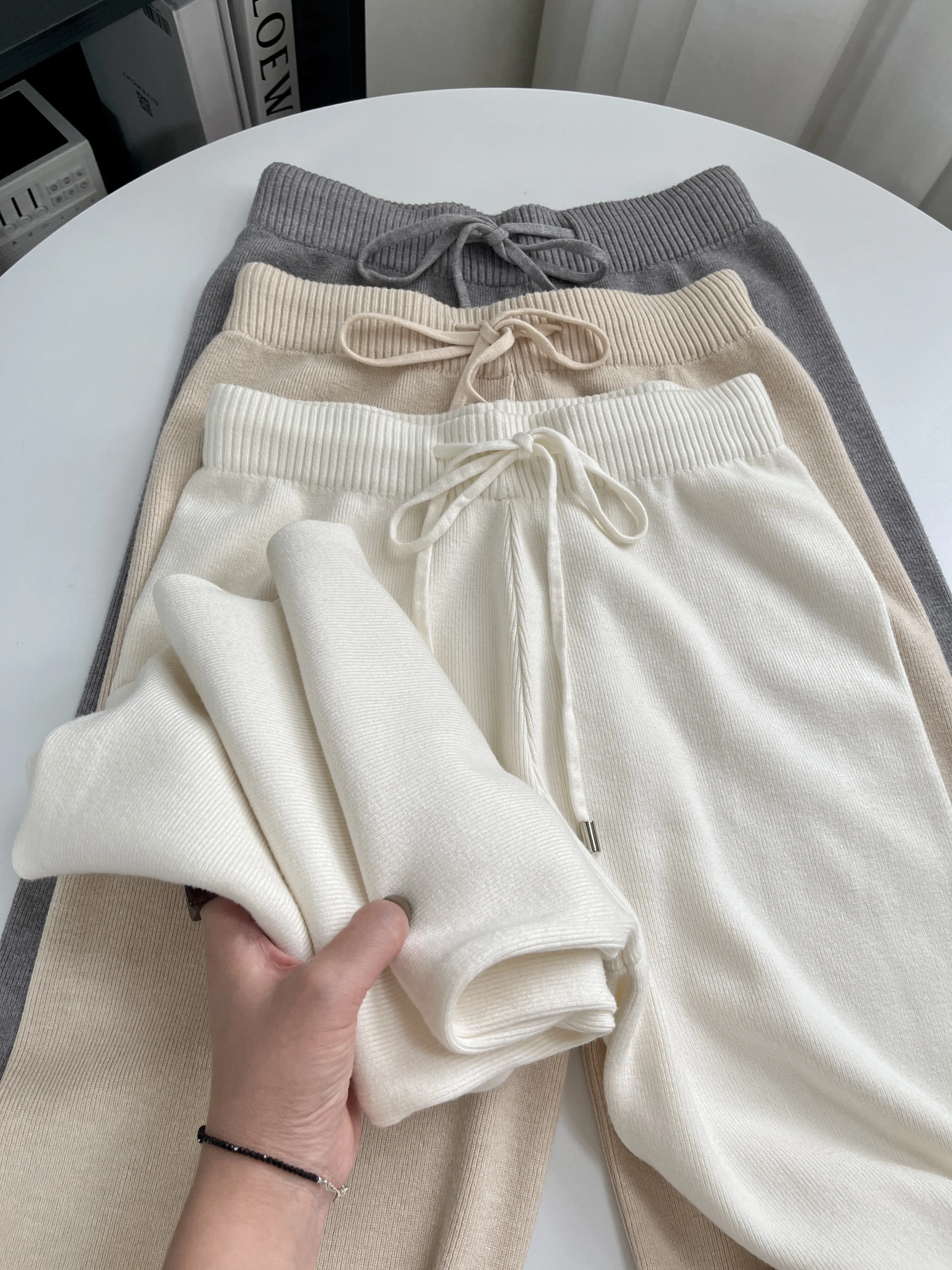 Cashmere Knitted Wide-leg Pants Women's High Waist Drape Loose Autumn and Winter Thickened Floor-mopping Trousers Outer Wear
