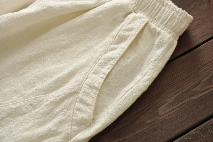 Johnature 2025 Summer Autumn Loose Vintage Pants New Women Solid Color Elastic Waist Pockets Ramie Ankle-Length Pants