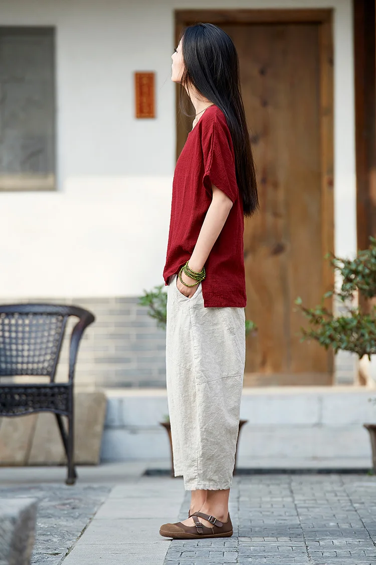 Johnature 2025 Summer Autumn Loose Vintage Pants New Women Solid Color Elastic Waist Pockets Ramie Ankle-Length Pants