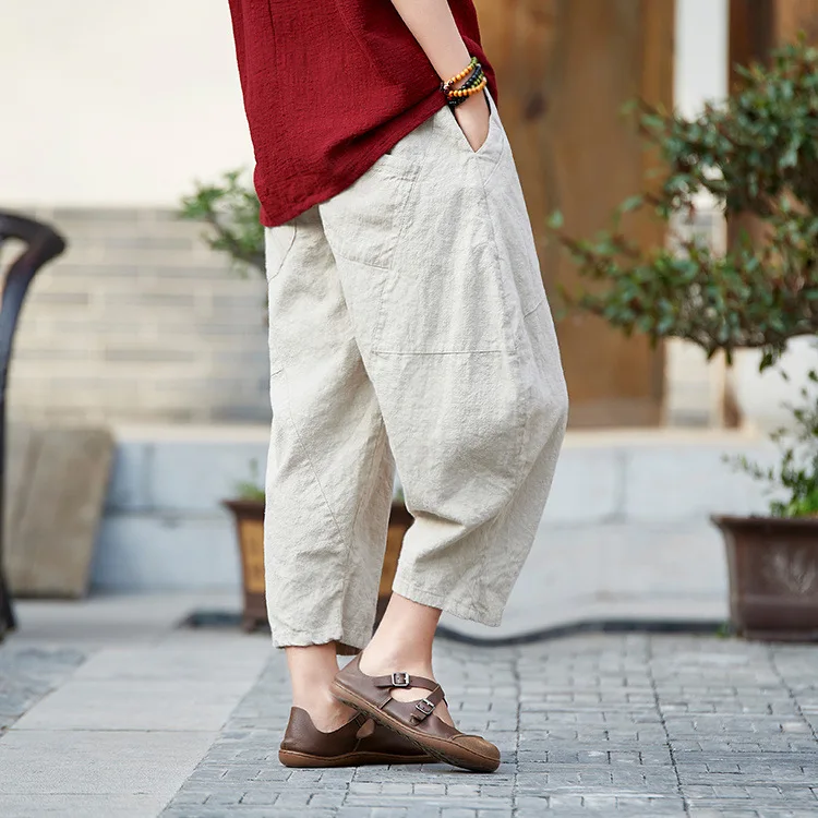 Johnature 2025 Summer Autumn Loose Vintage Pants New Women Solid Color Elastic Waist Pockets Ramie Ankle-Length Pants