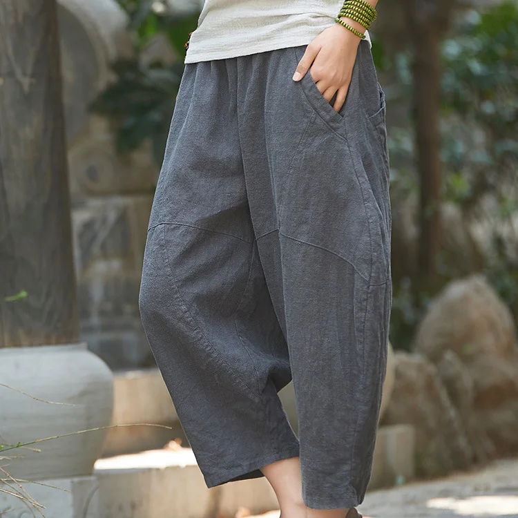 Johnature 2025 Summer Autumn Loose Vintage Pants New Women Solid Color Elastic Waist Pockets Ramie Ankle-Length Pants