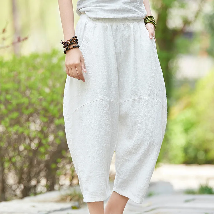 Johnature 2025 Summer Autumn Loose Vintage Pants New Women Solid Color Elastic Waist Pockets Ramie Ankle-Length Pants