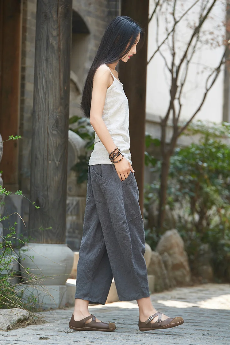 Johnature 2025 Summer Autumn Loose Vintage Pants New Women Solid Color Elastic Waist Pockets Ramie Ankle-Length Pants