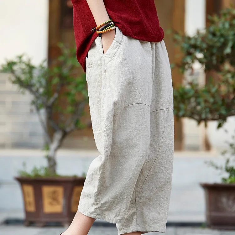 Johnature 2025 Summer Autumn Loose Vintage Pants New Women Solid Color Elastic Waist Pockets Ramie Ankle-Length Pants