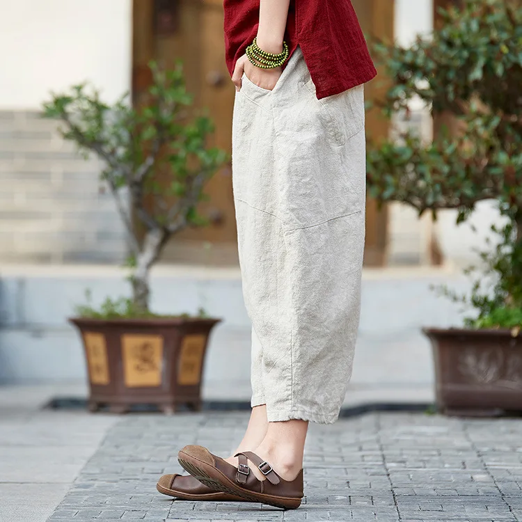 Johnature 2025 Summer Autumn Loose Vintage Pants New Women Solid Color Elastic Waist Pockets Ramie Ankle-Length Pants